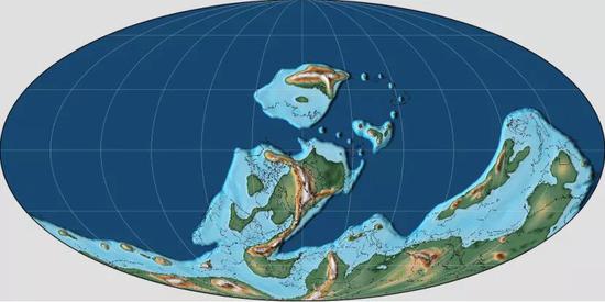 根据地壳运动反推而得到的泥盆纪地球地图(距今约4亿年)。图片来源:维基百科