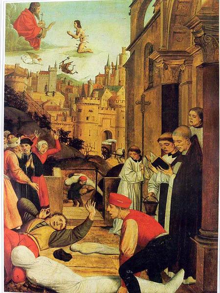 《圣塞巴斯蒂安为遭受瘟疫的人代祷》艺术家：Josse Lieferinxe 年份：1497年~1499年 类型：布面油画 收藏地：Walters Art Museum，巴尔的摩