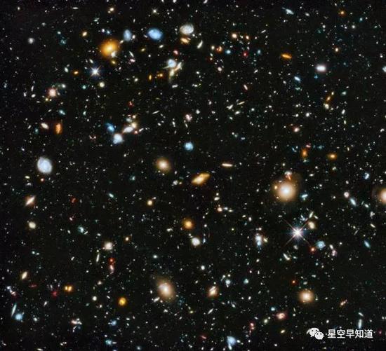 “哈勃超深场”图像。当你看着这张照片，你正在回溯宇宙的历史。这张照片里的每一个点都是一个星系，其中很多出现在宇宙年龄仅有4亿~6亿年的时期。是的，你的目光看到了100多亿年前的画面，而那时，连太阳系都还不存在，遑论地球，或是你  来源：NASA/Hubblesite.org