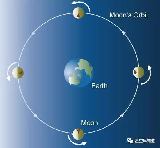 图二：中间是地球，月球围绕地球公转。请注意，图中太阳在左侧，阳光会照亮半个月球。根据月球上的标记物，你会留意到，随着月球公转一周，它的地表各处都经历了白天和夜晚。所谓“月之暗面”是不存在的谣言 来源：space.com