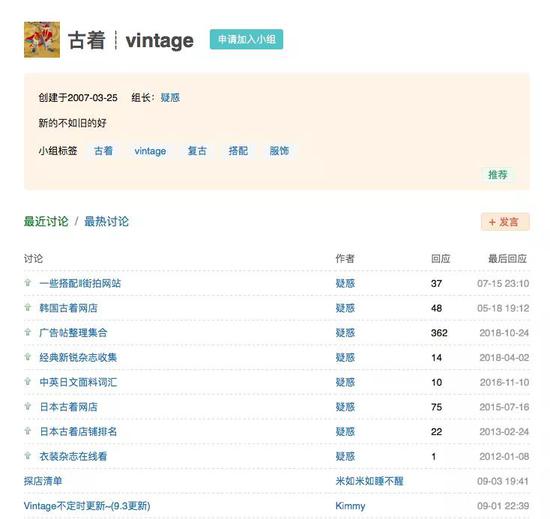 △豆瓣古着小组,一个成立于2007年、直到今天还保持一定活跃度的细分小组。这里既有纯粹的分享帖,也有交易帖。