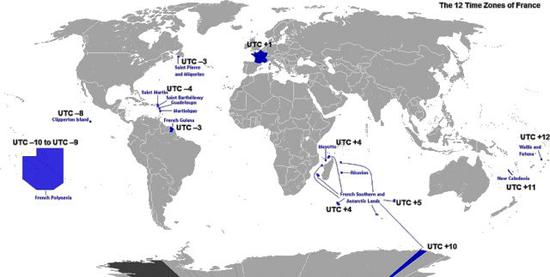法国（及其海外领地，行政区）在全球的12个时区分布情况