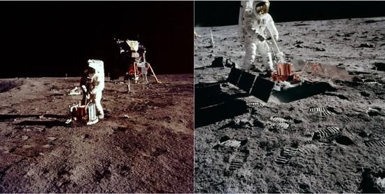奥尔德林在装配(左)和调剂(右)月震仪来源:NASA