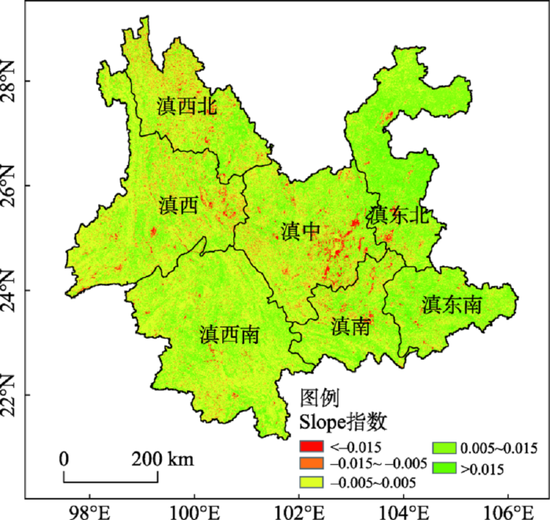 云南省2001-2016年植被覆盖度变化趋势,红色系代表减少,绿色系代表增加(图片来源:参考文献10)