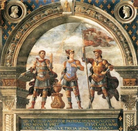 [图7a]多米尼克·吉兰达约，佛罗伦萨旧宫百合花大厅东墙壁画（局部），作于1482-1484年，底边宽度为4.22米。（图片来源：维基百科）