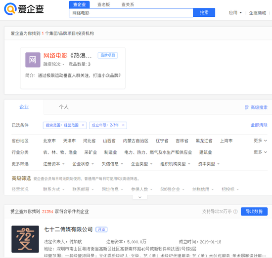 经营范围包含“网络电影”关键词的公司多达21254家 　　（图源：爱企查）