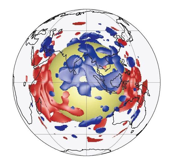 图4 全球层析成像图(黄色代表地核、蓝色代表核幔边界地震波速度较快区域、红色代表核幔边界地震波速度较慢区域。)(图片来源:Ed Garnero和Jeroen Ritsema教授)