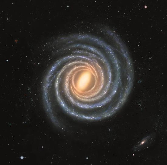 我们可能生活在一个四旋臂的旋涡星系(银河系)中,它具有一个明亮且对称的中心棒。| 图片来源:XING-WU ZHENG AND MARK REID Bar and Spiral Structure Legacy Survey/Nanjing University/ Center for Astrophysics, Harvard and Smithsonian (Milky Way chart and illustration)