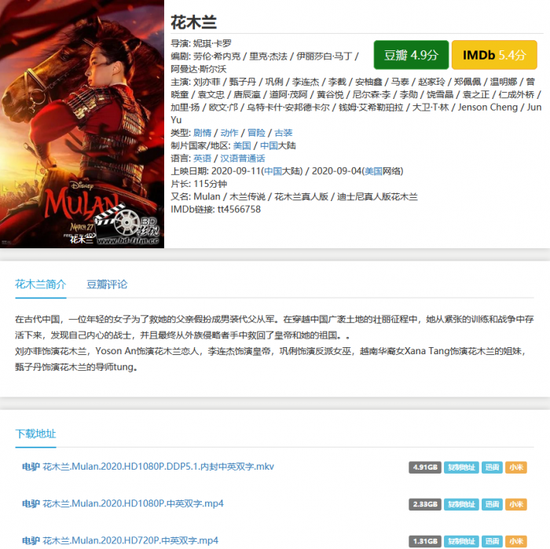 《花木兰》某网站盗版资源
