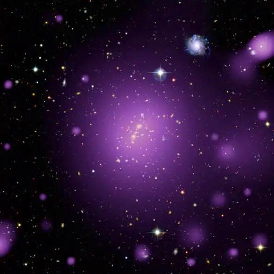 星系团中高温气体产生的X射线（紫色） 图片来源：ESA and XMM-Newton （X射线）；CFHTLS （可见光）