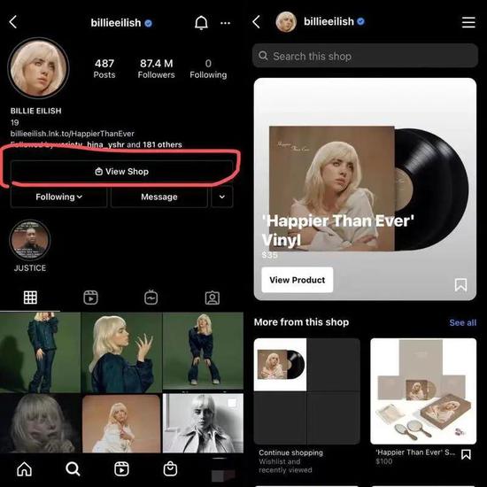 歌手Billie Elish 的Instagram账号与店铺直接关联。图源/Instagram