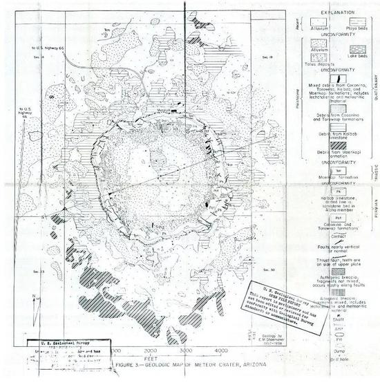 巴林杰陨石坑周边的地质情况。来源：USGS报告