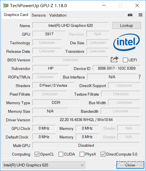 Intel UHD Graphics 620核心显卡参数