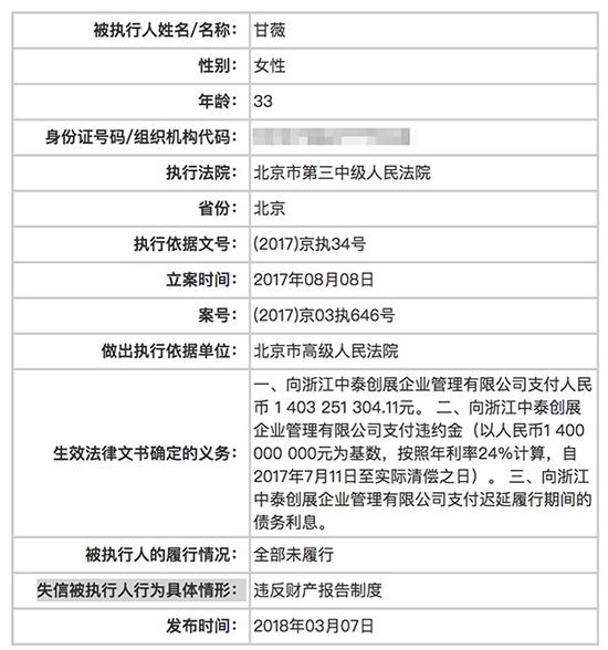 贾跃亭妻子甘薇也被列入老赖名单：中泰创展追讨14亿