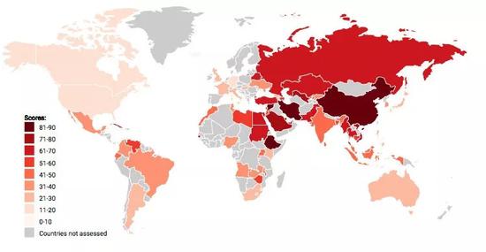 △ 全球互联网管制程度的打分，分数越高管制越严格