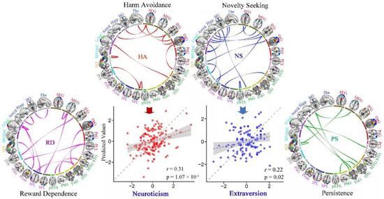对四种气质个性评分具有预测性能的脑功能连接，及其在独立数据集中的预测推广
