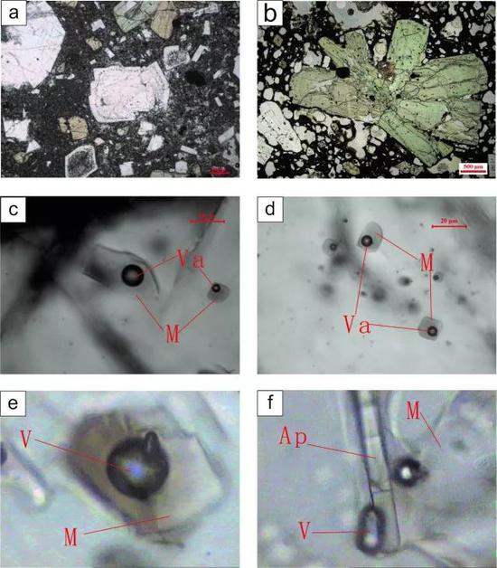 图2 （a）样品中主要造岩矿物斜长石；（b）样品中主要造岩矿物辉石；（c）-（d）斜长石中的熔融包裹体；（e）-（f）辉石中的熔融包裹体；V代表气相，M代表熔体相，Va代表真空，Ap代表磷灰石；