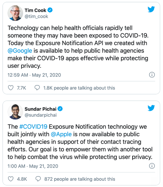 ▲上-苹果公司CEO Tim Cook的推特声明，下-谷歌公司CEO Sundar Pichai的推特声明