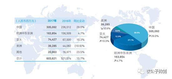 2017年华为营业收入洲际分布，来源：华为2017年年报