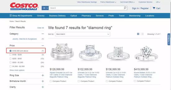 ▲在Costco官网上，10万美元以上的钻石戒指就有7款