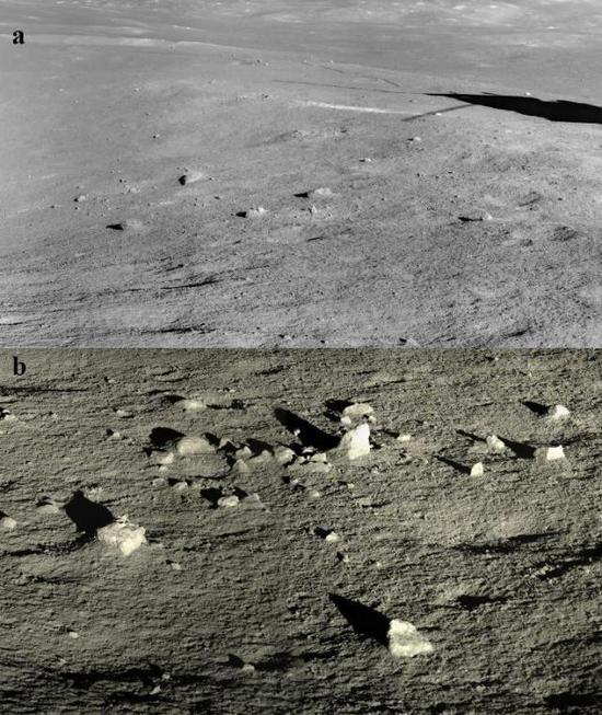 ▲（a）S1探测点附近岩石的全景相机图像（黑白）（b）第二月昼石块探测区域岩石的全景相机图像（彩色）
