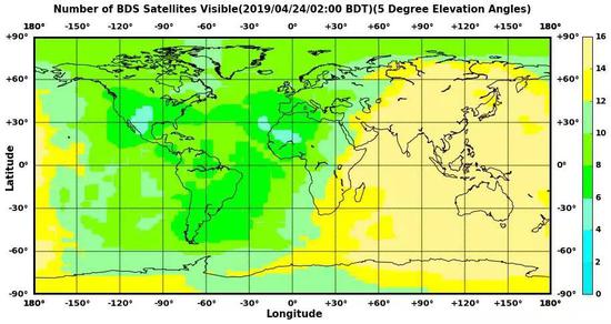 2019年4月24日，北斗卫星的全球可视数量分布图，大于4即可提供定位授时服务，北斗已经基本“点亮“全球（图片来源：北斗办）