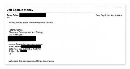 图 | 彼得·科恩在邮件中表示“杰弗里的钱需要匿名”（来源：《纽约客》）