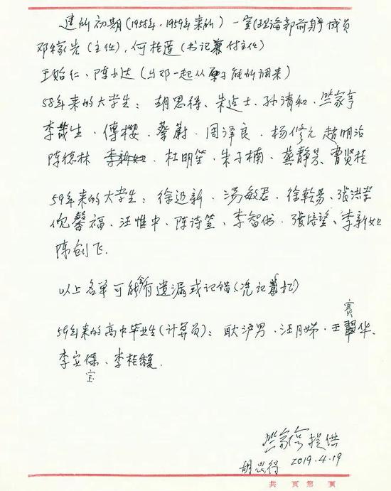 竺家亨提供、胡思得确认的九所建所初期人员名单
