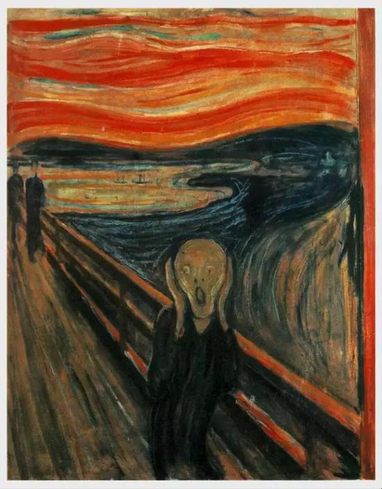 爱德华·蒙克（1863—1944）的作品 “the Scream”，红色的天空造成惊悚的效果。