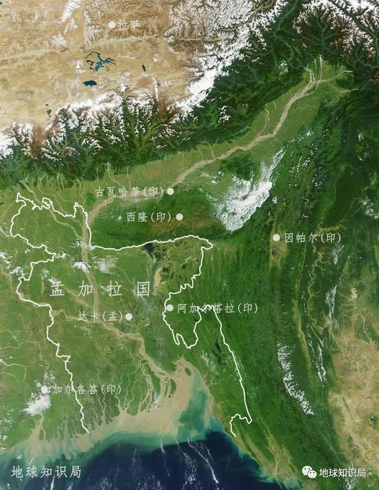 毕竟孟加拉国的主体是恒河三角洲不，愧是世界最大三角洲，但孟加拉国就太难了（底图来自：NASA）