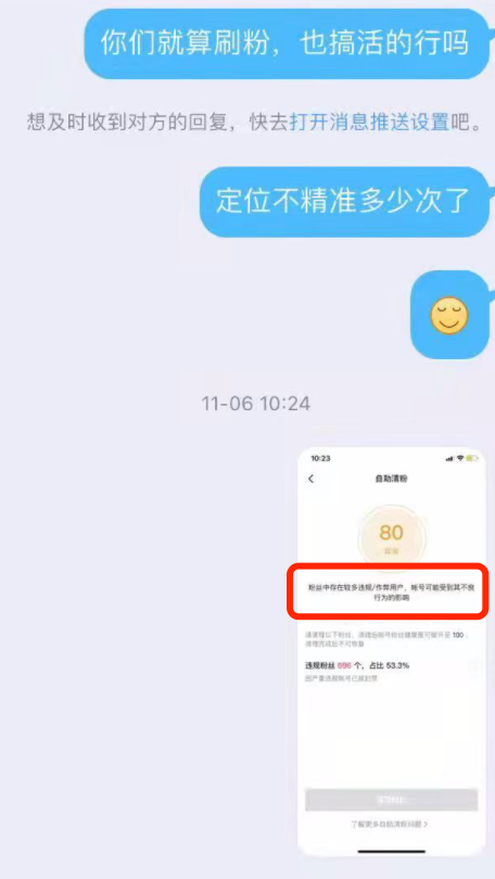 平台提示陈娜，账号存在违规粉丝696个，占比达53.3% / 受访者供图