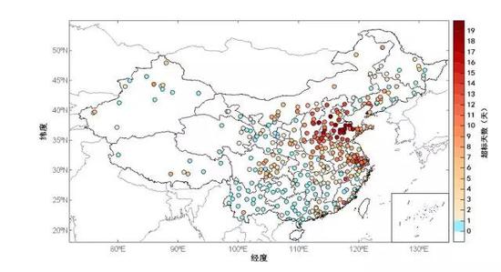 图1：2018年5月全国367个臭氧监测城市8小时滑动平均超标天数分布图（数据来自生态环境部）