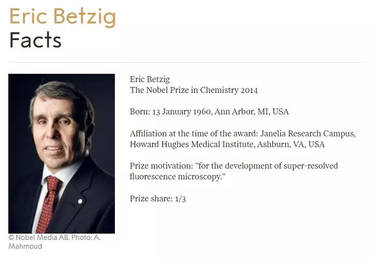 Betzig教授是2014年诺贝尔化学奖得主之一(图片来源:诺贝尔奖官方网站)