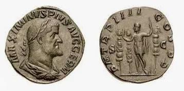 印有古罗马皇帝马克西米努斯·色雷克斯头像的古罗马钱币。图片来源：wikimedia