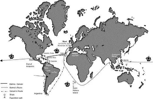 巴尔米斯带领的疫苗远征队的旅行地图。图片来源：（DOI）10.1086/496930