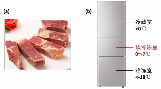 图10 高温冻结(软冷冻)。(a)软冷冻的肉制品;(b)有软冷冻室的冰箱