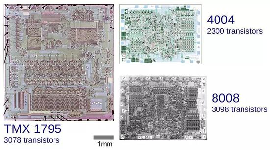 从上图可以看出TMX 1795要比英特尔4004和8008加起来都要大