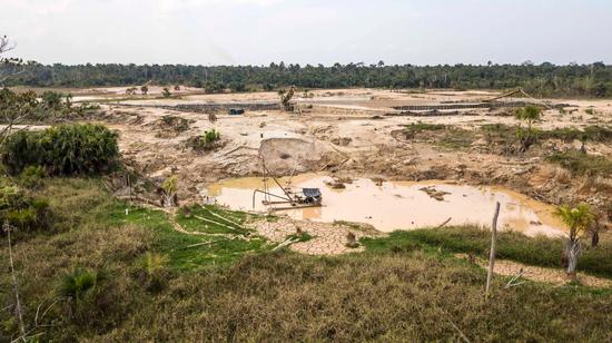 在秘鲁境内的亚马逊雨林内非法挖掘金粉。采矿破坏了大片土地，不仅对环境造成影响，而且使生活在该地区的人民蒙受了巨大的损失。图片来源：Lidia Pedro / Getty Images
