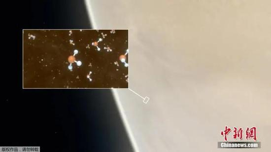 资料图：欧洲南方天文台发布的一张金星的艺术效果图，小图中展示了磷化氢分子。