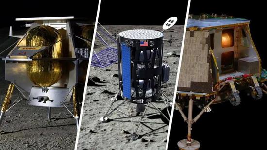 从左至右依次为Orbit Beyond、Intuitive Machines、Astrobotic的月球登陆器概念图