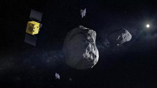 “赫拉”与它的两个立方星协同合作的艺术想象图。Credit: ESA