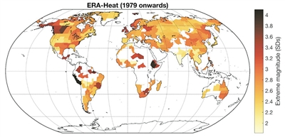 地图显示了每个地区自1950年以来最大极端的幅度以与平均温度的偏差表示。
图片来源：英国布里斯托大学