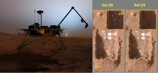 （左）凤凰号工作假想图；（右）凤凰号挖出的水冰，注意左下角新挖出的水冰4个火星日后挥发消失了。来源：NASA/JPL
