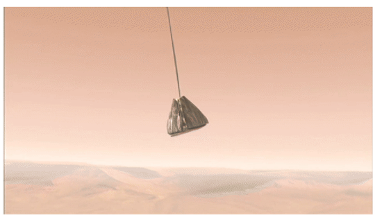 　被塞入气囊之中的火星探路者号和旅居者号，在着陆火星的最后阶段借助气囊多次弹跳来实现缓冲，最终安全停留在火星表面。来源：NASA/JPL