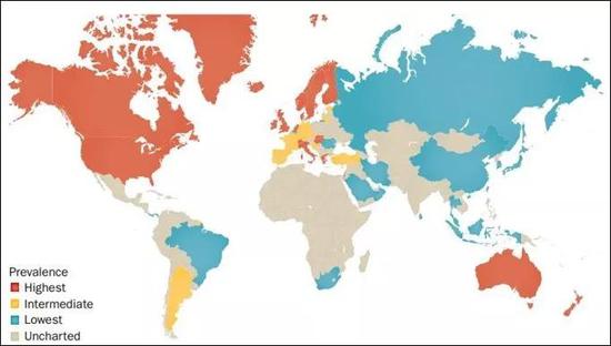 图2 西方国家 IBD发病率比较高（来源：The global burden of IBD： from 2015 to 2025）