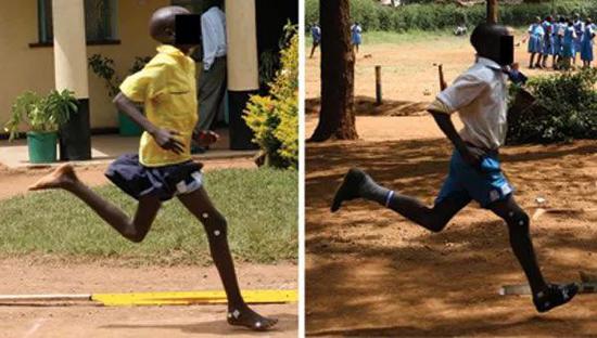▲光脚跑步的孩子和穿鞋跑步的孩子，脚落地的姿势不同（图片来源：参考资料[4]）