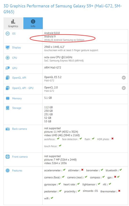 三星S9+现身GFXBench 搭载安卓9.0系统