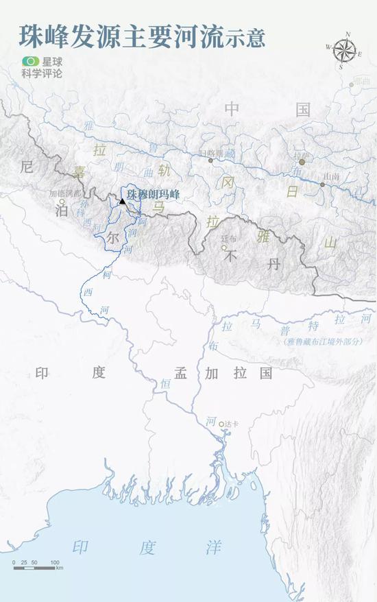 起源于珠峰的主要河流分布图 　　制图@陈志浩/星球科学评论