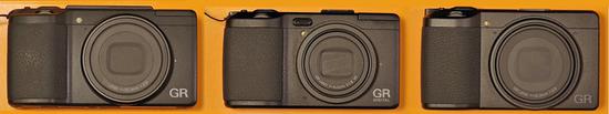 从左到右分别为理光GR II、GR Digital 4与GR III