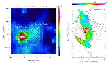 图3 天鹰座（Aquila）巨分子云（左）和猎户座（Orion）巨分子云（右）的温度分布。
